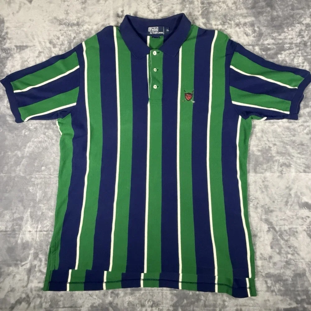 Vtg Polo Ralph Lauren Shirt Men's XL Stripes Crest Embroidery Preppy Y2K Knit